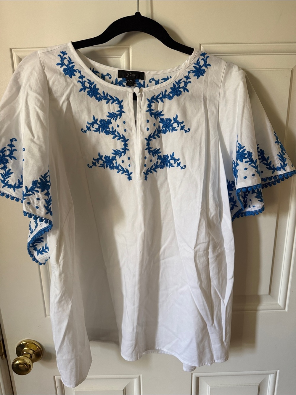 J. Crew White Cotton Top with Blue Floral Embroidery